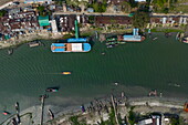  Aerial view of river cruise ship RV Thurgau Ganga Vilas (Thurgau Travel) moored on Dakatiya River, Chandpur, Chandpur District, Bangladesh, Asia 