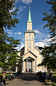 Historic wooden cathedral church in city centre, Tromso, Norway built in Gothic Revival architectural style