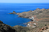 Coastal landscape Cabo de Gata natural park, looking west to the lighthouse, Almeria, Spain