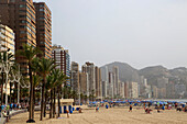High rise apartment buildings and hotels seafront, Playa Levante sandy beach, Benidorm, Alicante province, Spain