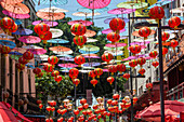 Rote chinesische Papierlaternen und Schirme hängen über der Straße in Chinatown, Mexiko-Stadt, Mexiko