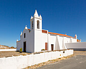 Whitewashed building rural country village catholic church Igreja Santa Bárbara de Padrões, near Castro Verde, Baixo Alentejo, Portugal, southern Europe