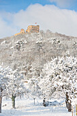 Das Hambacher Schloss im Schnee, Neustadt an der Weinstraße, Rheinland-Pfalz, Deutschland