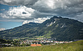  View of the Swiss Alps from the small village of Gruyeres in the canton of Fribourg, Switzerland 