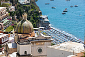  Church of Santa Maria Assunta and beach, Positano, Amalfi Coast, Salerno, Campania, Southern Italy, Italy, Europe, Mediterranean 