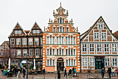  Half-timbered houses and restaurants in the old town, Buxtehude, Altes Land, Lower Saxony, Germany 