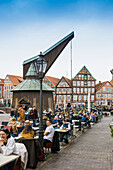  Half-timbered houses and restaurants in the old town, Buxtehude, Altes Land, Lower Saxony, Germany 