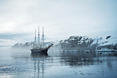  View of the bay Faksevagen, a branch of the Lomfjord, in the background the Rembrandt van Rijn, Spitsbergen, Svalbard, Norway, Arctic 