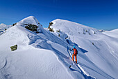  Woman on ski tour ascending to Speikspitze, Speikspitze, Kitzbühel Alps, Tyrol, Austria 