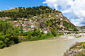 View including Berat Castle and Ottoman period Gorica bridge crossing River Osum, Berat, Albania, Europe