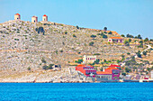 Traditionelle Windmühlen, Insel Halki, Chalki, Dodekanes, Griechenland