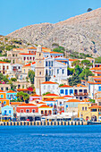 Seafront traditional houses, Halki Island, Dodecanese Islands, Greece