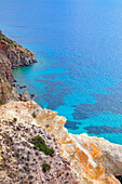 Multicoloured rock formations, Firopotamos, Milos Island, Cyclades Islands, Greece