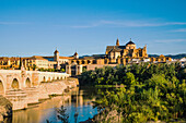  Cordoba, Roman bridge, 2000 years old, over the Guadalquivir, early morning, with Mesquita in the background, Cordoba province, Spain 