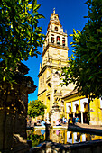 Glockenturm der Kathedrale und Waschbrunnen, im Innenhof der Mezquita, im Jüdischen Viertel Juderia, Cordoba, Provinz Cordoba, Andalusien, Spanien