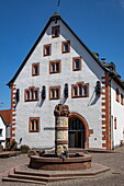  Half-timbered building of the Kemenate of the von Huttens/Lutheran parsonage in the old town, seen from the gardens of Steinau Castle, Steinau an der Straße, Spessart-Mainland, Hesse, Germany 