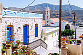  Houses and church in the old town in Chorió on the island of Kalymnos (Kalimnos) in Greece 