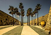 Innenhof der Murallas Reales, der königlichen Mauern mit Gastronomie unter Palmen, Ceuta, nordafrikanische Küste, Spanien