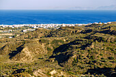  View from the castle of Antimachia (Kastro) to the south coast and Kardamena on the island of Kos in Greece 