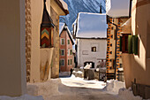  Guarda in winter with the typical traditional sgraffito houses, Lower Engadine, Switzerland 