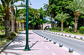 Von Palmen gesäumte Hafenstraße Akti Kountourioti (Koundouriotou) zwischen Johanniterkastell Neratzia und Agora durch Stadtmauertor zum Hafen in Kos-Stadt auf der Insel Kos in Griechenland