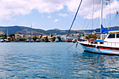 Hafen mit Fischerbooten und Rathaus in Kos-Stadt auf der Insel Kos in Griechenland