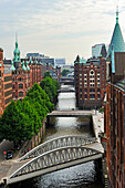 aerial view over St.Annenfleet et Hollandischbrookfleet canal in the Speicherstadt (City of Warehouses), HafenCity quarter, Hamburg, Germany, Europe