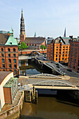 aerial view of the Kleines Fleet canal in the Speicherstadt (City of Warehouses) with St.Catherine's Church in the background, HafenCity quarter, Hamburg, Germany, Europe