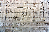 Der Tempel von Edfu ist eine altägyptische Tempelanlage am westlichen Rand der Stadt Edfu in Oberägypten, Ägypten. Hier einige Reliefs