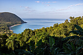 Plage de Grande Anse, Blick auf den Strand bei Deshaies, Guadeloupe, Französische Antillen, Frankreich, Europa