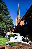  Motif hare and hedgehog, St. Petri church in the background, Buxtehude, Lower Saxony, Germany 