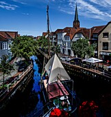  Last ship of the Buxtehude Ewer fleet (1897), houses on the Ostfleth, tower of the church of St. Petri, Buxtehude, Lower Saxony, Germany 