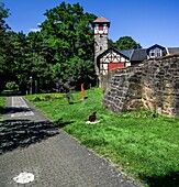  Frau Holle circular trail, white feather as a waymark, city wall and owl tower, Hessisch Lichtenau, Hesse, Germany 