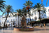 Fountain and palm trees in Plaza de Espana, Vejer de la Frontera, Cadiz Province, Spain