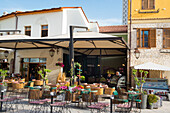 Cafe terrace, Renovated Old Town District, Vlore, seaside resort on the Adriatic Sea, Albania, Southeastern Europe