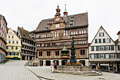 Marktplatz mit historischen Gebäuden und Fachwerkhäusern und Rathaus, Tübingen, Baden-Württemberg, Deutschland