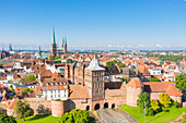  View of the castle gate and the old town of Luebeck, Hanseatic City of Luebeck, Schleswig-Holstein, Germany 