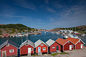  Red boathouses in Hamburgsund, Bohuslaen, Sweden 