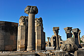 rebuilt sections of the ruins of Zvarnots Cathedral, located near the city of Vagharshapat (commonly known as Ejmiatsin),  UNESCO World Heritage Site, suburbs of Yerevan, Armenia, Eurasia