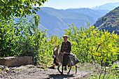  Mann auf einem Esel in der Nähe des verlassenen Dorfes Old Shinuhayr in den Schluchten des Flusses Vorotan, Region Syunik, Armenien, Eurasien 