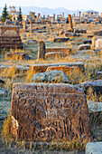 tombstone (in forground) depicting a wedding celebration, Noratus cemetery (the largest surviving cemetery with khachkars in Armenia), near Lake Sevan, Gegharkunik region, Armenia, Eurasia