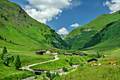  Alpine settlement Fane Alm with Pfunderer mountains in the background, Pfunderer Höhenweg, Zillertal Alps, South Tyrol, Italy 