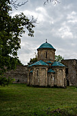 Domed hall church of the famous ruins of  Kvetera Middle Ages fortress city in the Caucasus mountains in Georgia