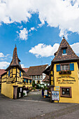 Weingut und bunte Fachwerkhäuser, Eguisheim, 'Schönstes Dorf Frankreichs' Eguisheim, Haut-Rhin, Alsace, Elsass, Grand Est, Frankreich