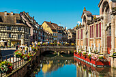 Malerische bunte Fachwerkhäuser, La Petite Venise, Colmar, Elsass, Bas-Rhin, Grand Est, Frankreich