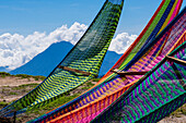 hammocks and the Toliman volcano ,3.158 m, Atitlan lake ,Guatemala, Central America