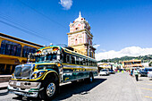 collective bus in front of the Central American Tower, 1914,  Sololá, Department of Sololá, Guatemala, Central America