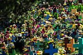 Freshly painted colorful graves, Day of the Dead celebration at the General Cemetery, Santo Tomas Chichicastenango, Republic of Guatemala, Central America