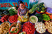 sale of vegetables, dyes by weight, central market, Antigua Guatemala, Sacatepéquez department, Guatemala, Central America