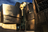  Rear view of the Guggenheim Museum in Bilbao with metal and glass facade. Illuminated by the golden sun. 